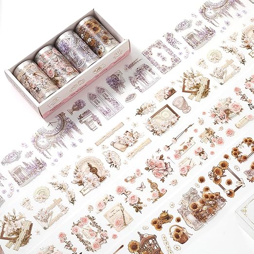 4 Rolls Pre-Cut pet Flower Tape Stickers Flower Vintage Stickers Decorative Tape Aesthetic Stickers for Journaling, Scrapbook Supplies