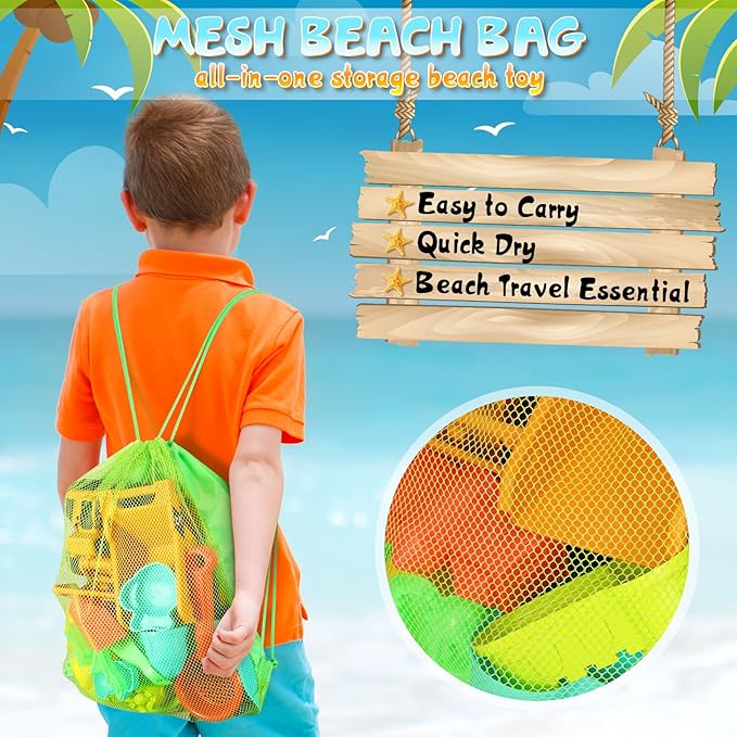 Beach Sand Toys for Kids, 29PCS Sandbox Toys with 2 Collapsible Bucket Sand, 2 Dump Truck, Dinosaur Molds, Castle Building Kit, Shovel Sieve,Flags,Mesh Bag Travel Beach Toys for Toddler 3-10