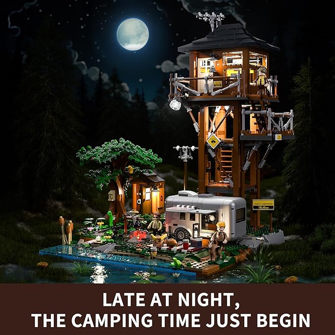 Funwhole Lookout Campground Lighting Building-Bricks Set - Retro Wild Lookout Tower Camping Car and Family Minifigures LED Light Building Set 1426 Pcs for Adults and Teen