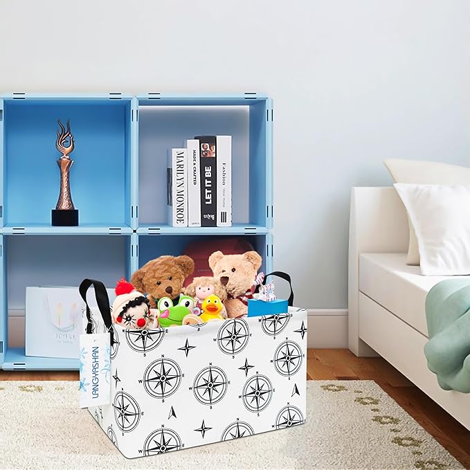 LANGYASHAN Rectangular Storage Bin Collapse Canvas Fabric Cartoon Storage Basket with Handles for Organizing Home Kitchen Boys and Girls Toys Office Closet Shelf Baskets (Rec Black Compass)