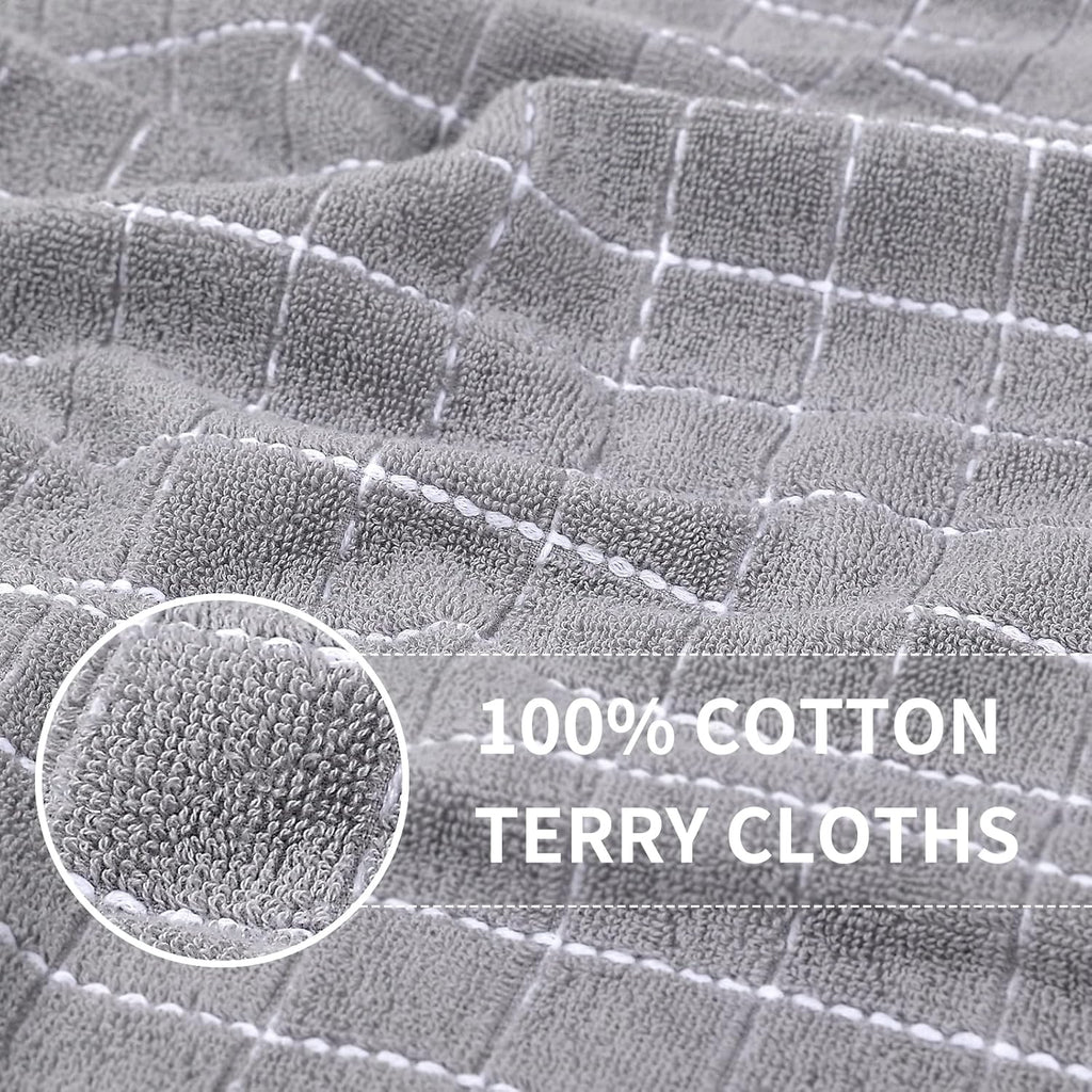 Homaxy 100% Cotton Terry Kitchen Towels(Light Grey, 13 x 28 Inches), Checkered Designed, Soft and Super Absorbent Dish Towels, 4 Pack