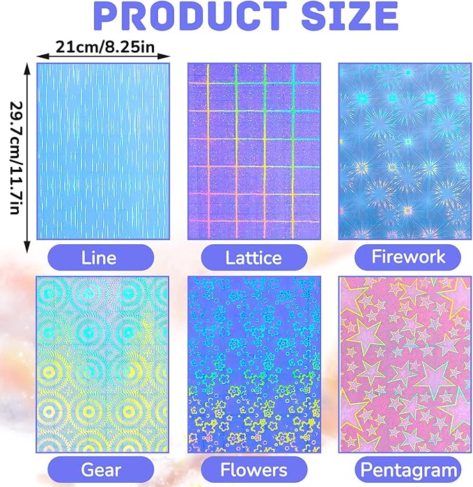 36 Sheets Holographic Sticker Paper Clear A4 Vinyl Sticker Paper Self Adhesive Waterproof Transparent Film Gem Rainbow Star Patterns, 11.7 x 8.3 Inch (Line,Lattice,Firework,Gear,Flower,Pentagram)