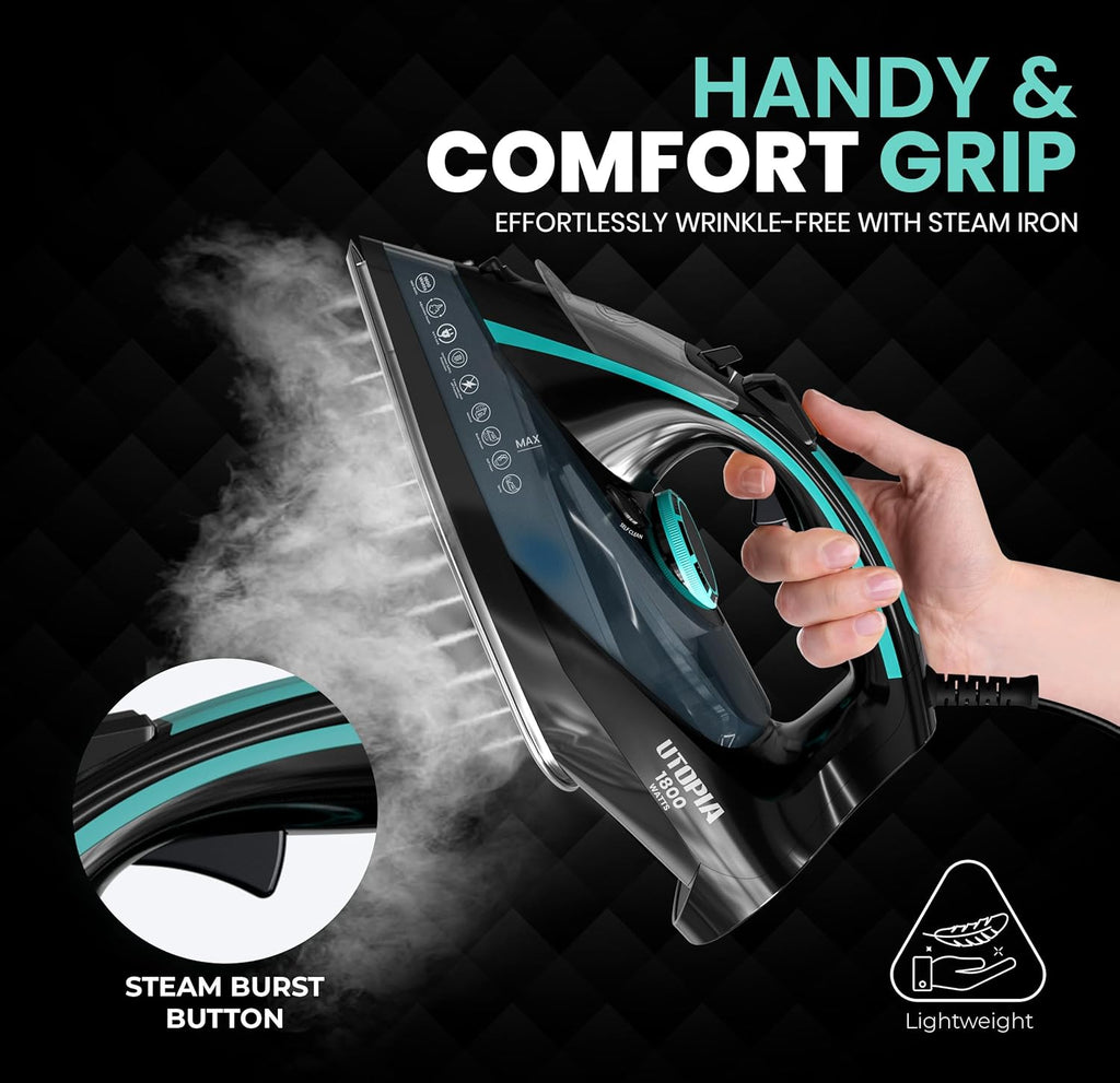 Utopia Home Steam Iron for Clothes - Non-Stick Soleplate - 1800W Clothes Iron With Auto-Off Safety Feature - Adjustable Thermostat Control, Variable Steam Control, Self-Clean, 8 Feet Cord (Black/Teal)