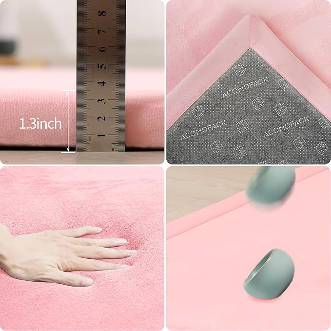 ACOMOPACK Baby Play Mat for Floor 1.3" Thick Memory Foam Play Mats 71"×79" Tummy Time Crawling with Non-Slip Bottom for Living Room,Nursery,Soft Velvet Playpen for Kids,Infants（Pink）