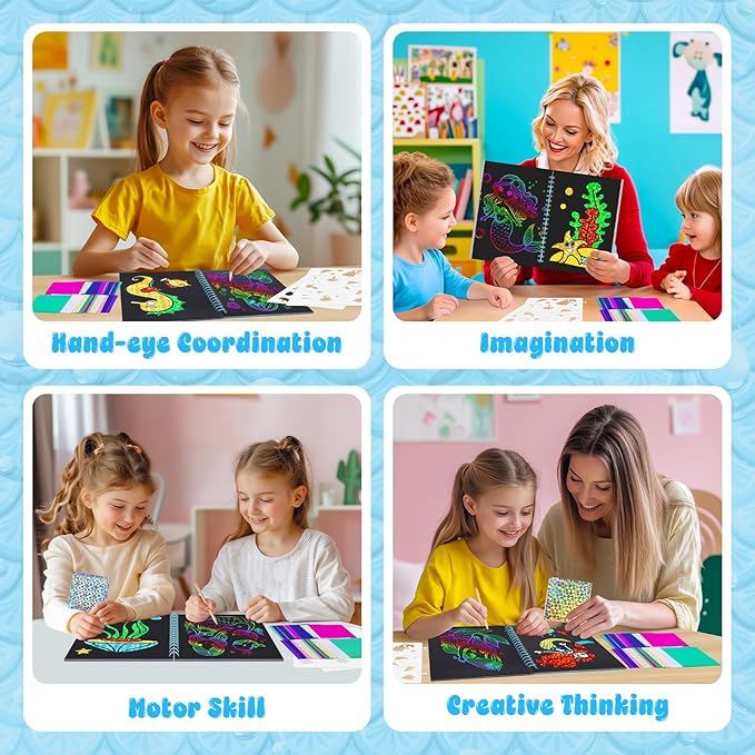 homicozy Art & Craft Activity for Kids - Foil Fun Mermaids & Scratch Art Book 2-in-1, No Mess Art Crafts for Girls,DIY Creative Activity Kit,Gifts for Girls Ages 4, 5, 6, 7, 8, 9, Travel Toys
