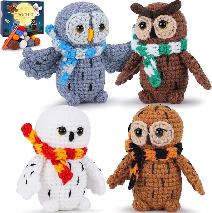 Crochet Kit for Beginners - 4 PCS Owl Crochet Kit with Step-by-Step Video Tutorials, Beginner Crochet Kits for Adults, Crochet Animal Kit for Kids, Crochet Magical Owls Set (White&Brown&Gray&Coffee)