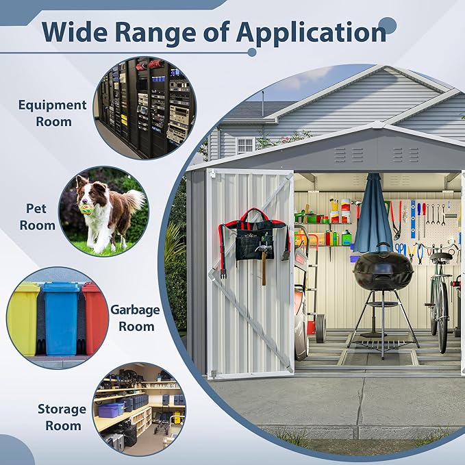 10X8 FT Outdoor Tool Storage Shed with Metal Foundation & Lockable Doors, All Weather Metal Sheds for Garden, Patio, Backyard, Lawn, Gray