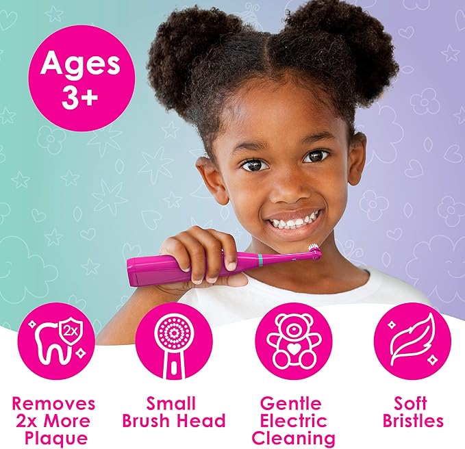 Brusheez Kids’ Electric Toothbrush Set - Safe & Effective for Ages 3+ - Parent Tested & Approved with Gentle Bristles, 2 Brush Heads, Rinse Cup, 2-Minute Timer, & Storage Base (Prancy The Pony)