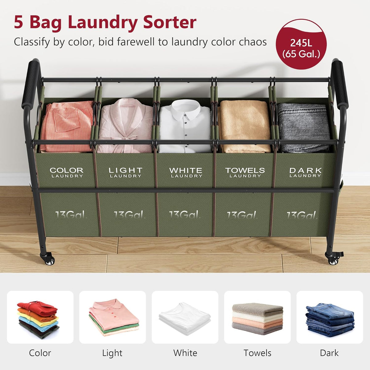 Tajsoon 5 Sections Laundry Sorter, Laundry Hamper with Heavy Duty Lockable Wheels and Removable Bags, 5 Bag Laundry Sorter Cart for Dirty Clothes Storage, Laundry Separator Hamper, Green