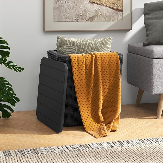 Tangkula 11.5 Gallon Water-proof Deck Box, Outdoor Patio Storage Box w/Removable Lid &, Faux Rattan Storage Container Side Table, All Weather Patio Furniture Extra Seat for Poolside (Black)