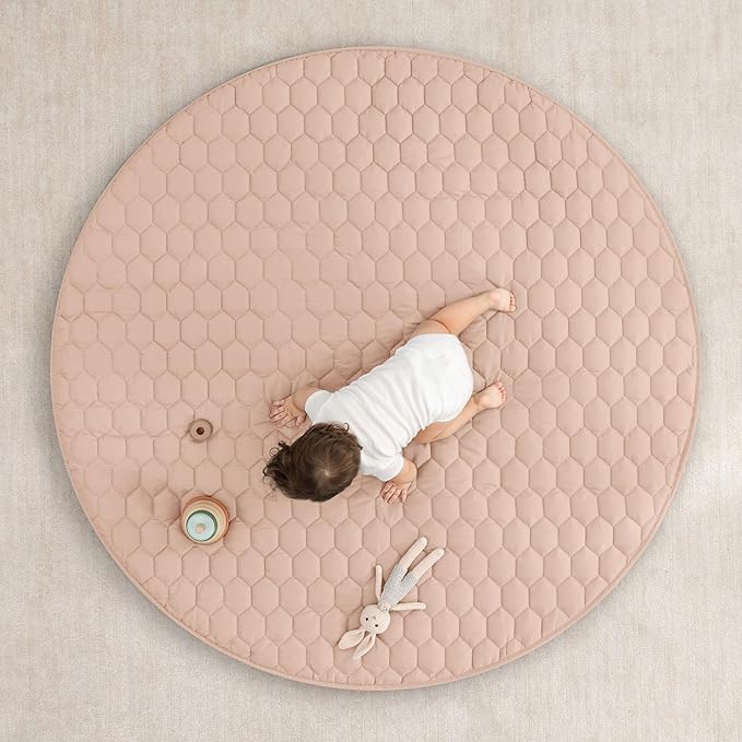 Comfy Cubs Round Kids Play Mat - Large 60 inches Soft Quilted Baby Floor Mat with Non-Slip Bottom - Plush Design for Toddlers' Playtime and Relaxation - Comfortable and Durable - Blush
