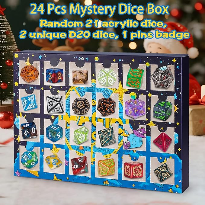 QMAY Polyhedral Dice - 24 Pcs Mystery Dice Box, Random Styles Dice & Pins Badges, Bulk DND Dice, Dice Advent Calendar, D&D Gifts, Great for Dungeons and Dragons, RPG, MTG,Role Playing Table Game