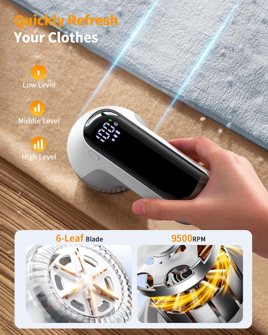 Fabric Shaver, Rechargeable Lint Shaver with Digital Display, Electric Portable Sweater Shaver with 6-Leaf Blades and Safety Lock, 3-Speeds Lint Remover to Remove Pilling for Clothes, Furniture White