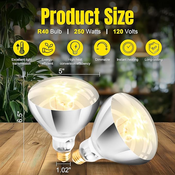 250W R40 White Heat Lamp Bulbs (4-Pack), Infrared Heat Bulbs, Infrared Therapy Bulbs for Bathroom, Sauna, Pets & Chickens, 2,000 Hour Rated, E26 Base