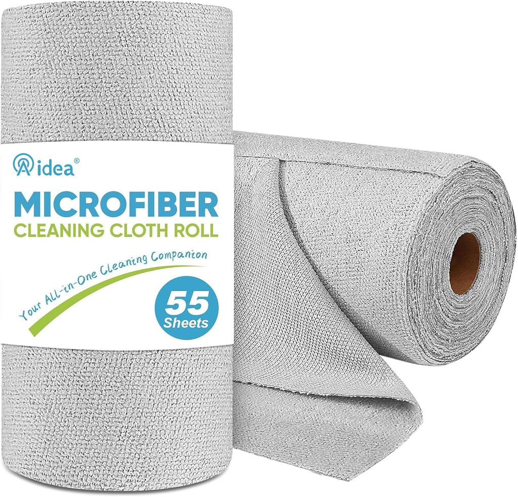 AIDEA Microfiber Cleaning Cloth Roll, Shop Towels 55 Sheets, Grey Microfiber Towels for Cars, Washable Shop Rags Reusable Paper Towel for Automotive, Workshop, House, Kitchen, Cleaning Supplies11×9"