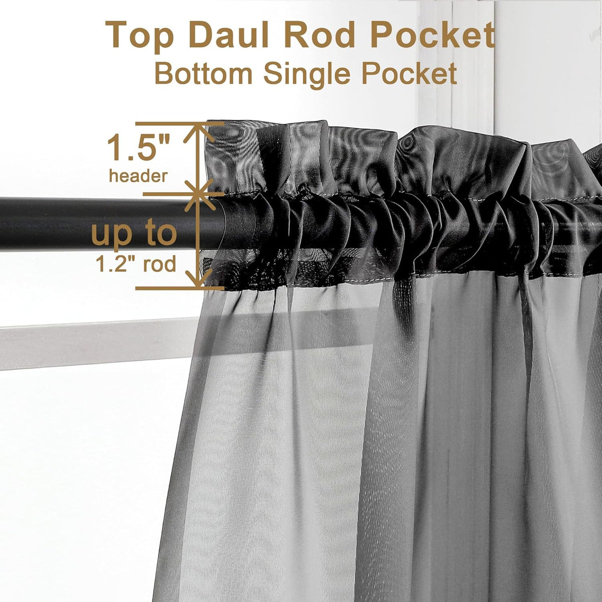 Chyhomenyc Black Sheer Curtains 30 inch Length 2 Panels, Light Filtering Voile Rod Pocket Short Window Curtians for Bathroom Living Room Farmhouse Small Windows, 42Wx30L inches