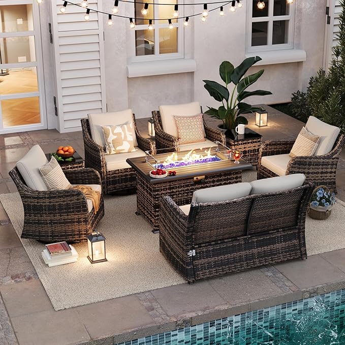 MEISSALIVVE 8 Pieces Patio Furniture Set with 43" Fire Pit Table, Wicker Patio Conversation Set with Swivel Rocking Chairs, Outdoor Patio Set for Lawn Backyard Porch (Brown)