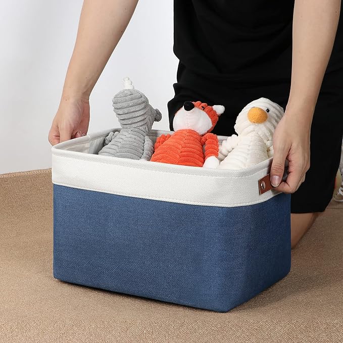 DULLEMELO Fabric Storage Bins, Foldable Storage Baskets for Organizing, Empty Gift Baskets (3-Pack Medium-15 inch X 11 inch X 9.5 inch , White&Blue)
