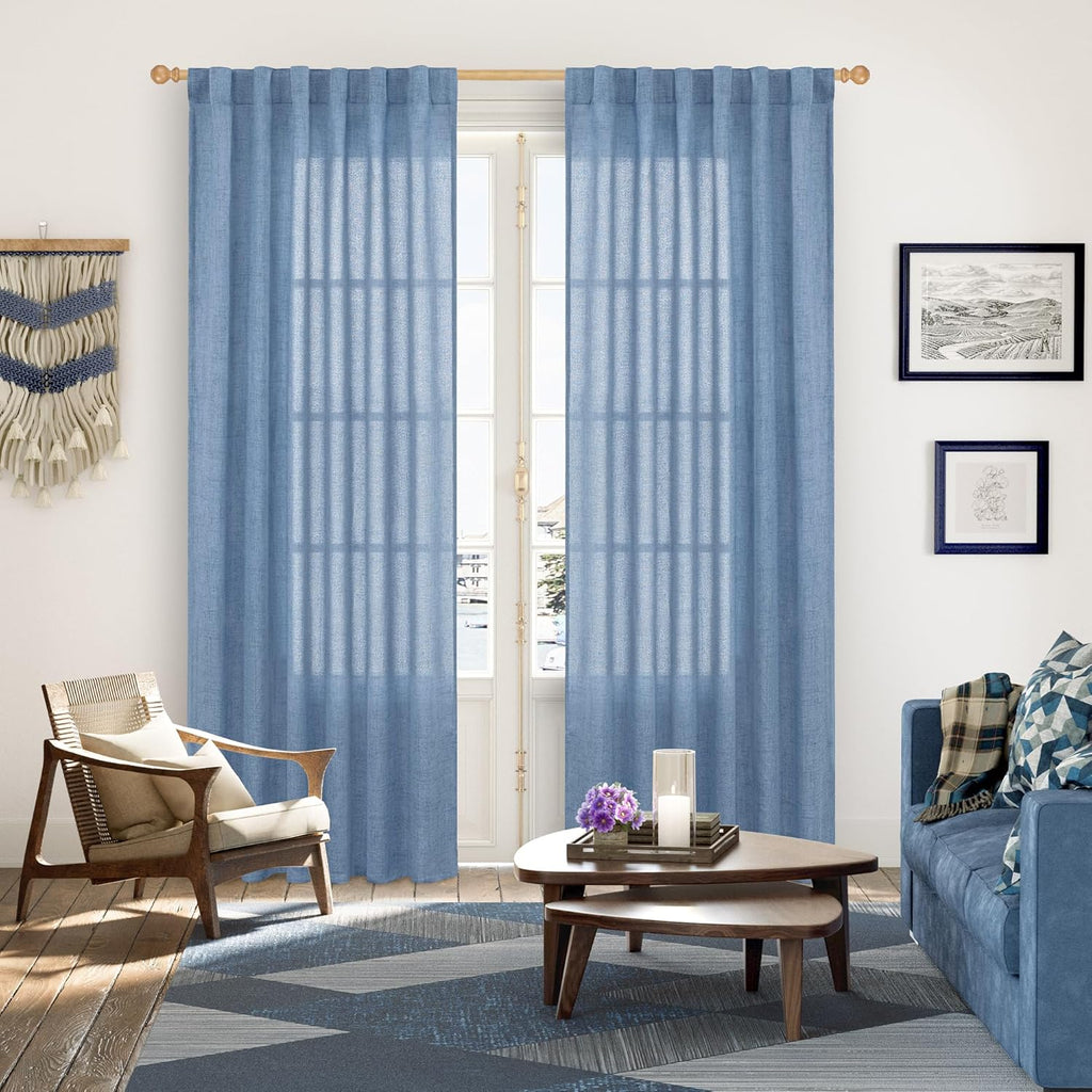 YoungsTex Denim Blue Linen Curtains 80 Inch Length for Living Room, Light Filtering Semi Sheer Window Drapes Rod Pocket Back Tab Curtain for Bedroom Dining Room Coastal Privacy, 2 Panels, 52 X 80 Inch