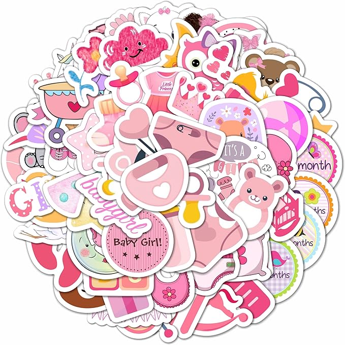 BulbaCraft Baby Girl Stickers, 100Pcs Multicolor Vinyl Decals, Waterproof, Reusable, Multipurpose for Scrapbooking and Party Decor, Newborn, Baby Shower Favors for Girls, Baby Girl Month Stickers