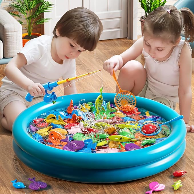 Pool Fishing Toys Games, Water Table Bathtub Toy with Inflatable Pool Pole Rod Net Plastic Floating Fish, Birthday Gifts for Kids Age 3 4 5 6 Year Old,Kids Outdoor Toys