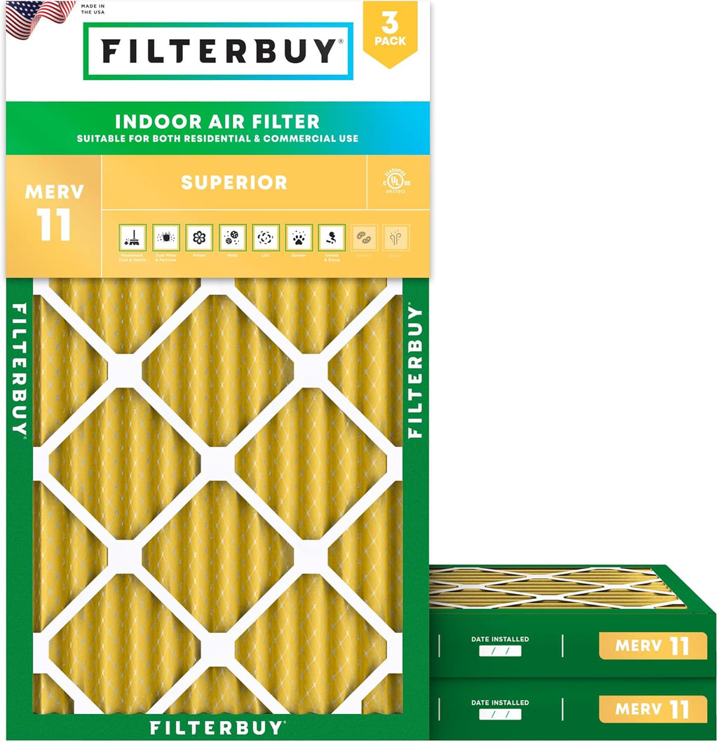 Filterbuy 12x25x2 Air Filter MERV 11 (MPR 1200) Allergen Defense Replacement (3-Pack), Electrostatic Pleated HVAC AC Furnace Filters, Made in USA (Actual Size: 11.50 x 24.50 x 1.75)