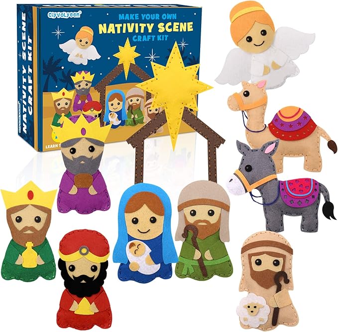 CiyvoLyeen Nativity Scene Craft Kit Christmas Ornaments DIY Kids Craft and Sew Kits for Girls and Boys Educational Beginners Sewing Set