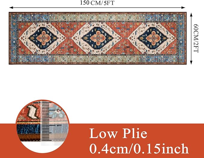 Lahome Boho 2x5 Hallway Runner Rug - Non-Slip Low-Pile Kitchen Washable Runner Oriental Distressed Throw Bathroom Rug Carpet for Entrance Bedroom Laundry Room