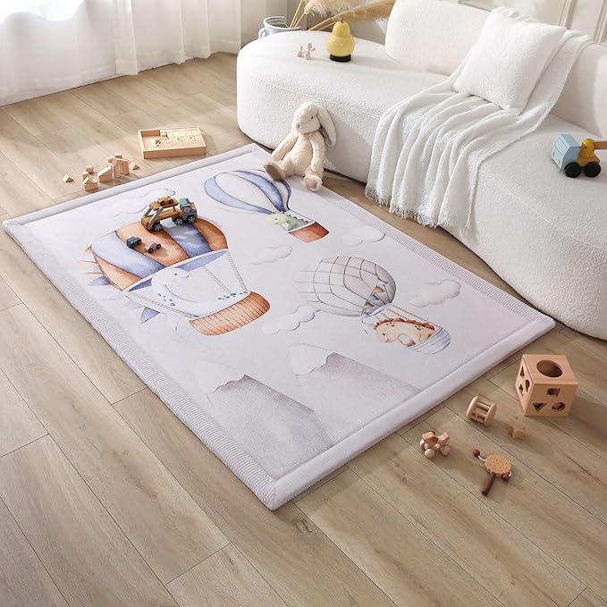 Stylish Coral Baby Play Mat for Floor 47" x 67" Dinosaur Balloons – Soft 1" Thick High-Density Memory Foam Nursery Rug,Kids Rug with Non-Slip Backing for Crawling & Playing, Playroom Rug, Kids Carpet