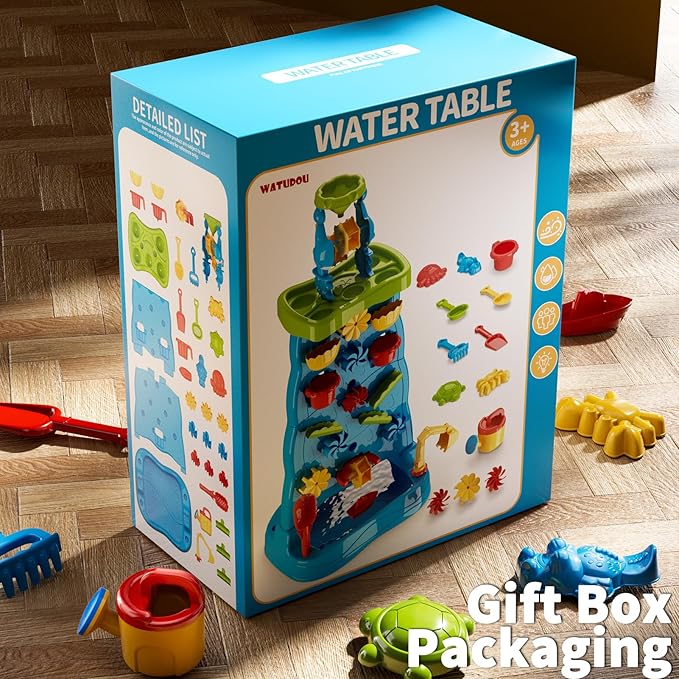 Water Table for Toddlers 1-3 Kids Ages 4-8, Double-Sided Waterfall Discovery Wall with Rich Activity Set, Summer Kids Outdoor Beach Sensory Sand Water Play Table Toys, Birthday Gifts for Boys & Girls