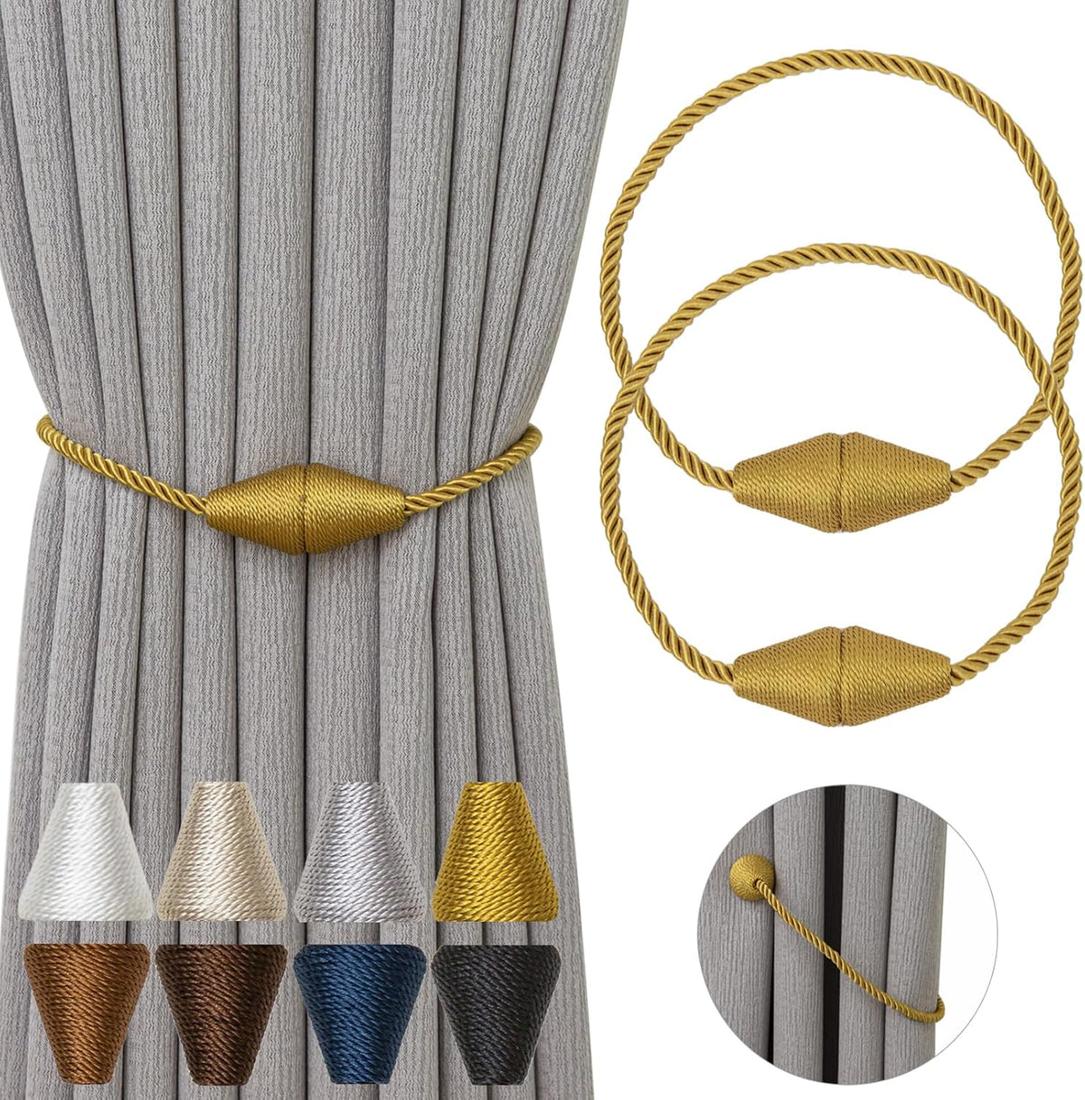 Magnetic Curtain Tiebacks 2 Pack Outdoor Rope Curtain Tie Backs Decorative Window Treatment Holdbacks for Home Decorative Curtain, Gold