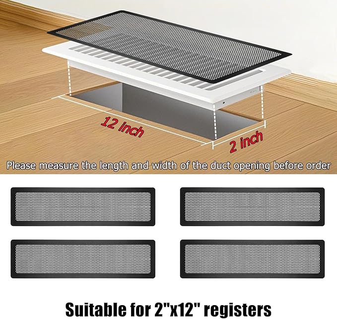 Floor Register Vent Cover, 2"x12" Magnetic Air Vent Screen Mesh Covers for Home Floor/Wall/Ceiling Registers Air Vent Filters, Black (4 Packs)