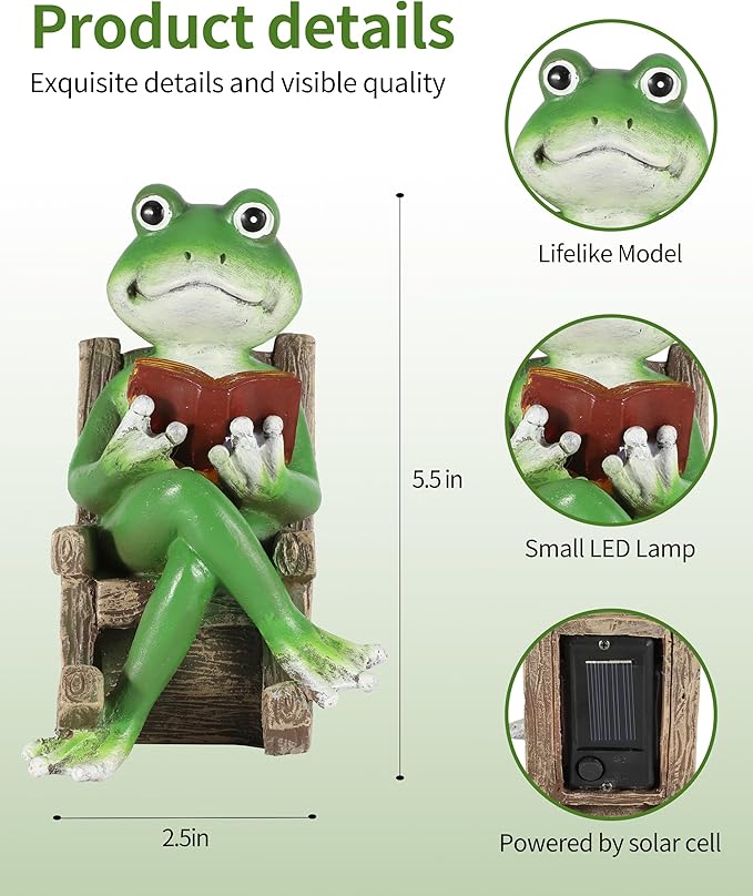 iStatue Miniature Solar Frog Reading Book Figurine Light - 5.5'' Resin Chair Statue Outdoor Table Decor for Lawn Ornaments, Patio, Yard & Garden and Home