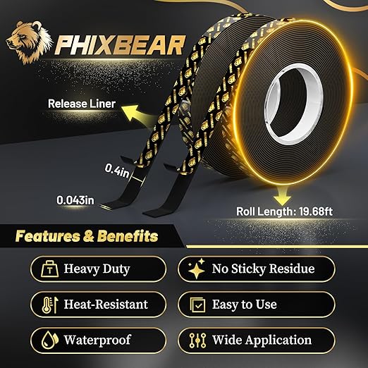 High Temp Resistant Heavy Duty Double Sided Tape Pro+ - Super Strong, Removable No Residue, Weatherproof - for Home, Outdoor, Automotive Use - 0.4" x 19.7 ft