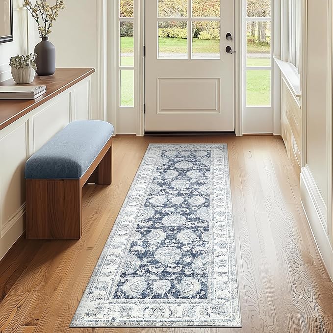 jinchan Runner Rug 2x5 Machine Washable Hallway Rug Dark Blue Vintage Floral Print Non-Slip Low Pile Ultra-Thin for Kitchen,Entryway,Laundry Room,Bedroom,Farmhouse (2‘x5’,Dark Blue)