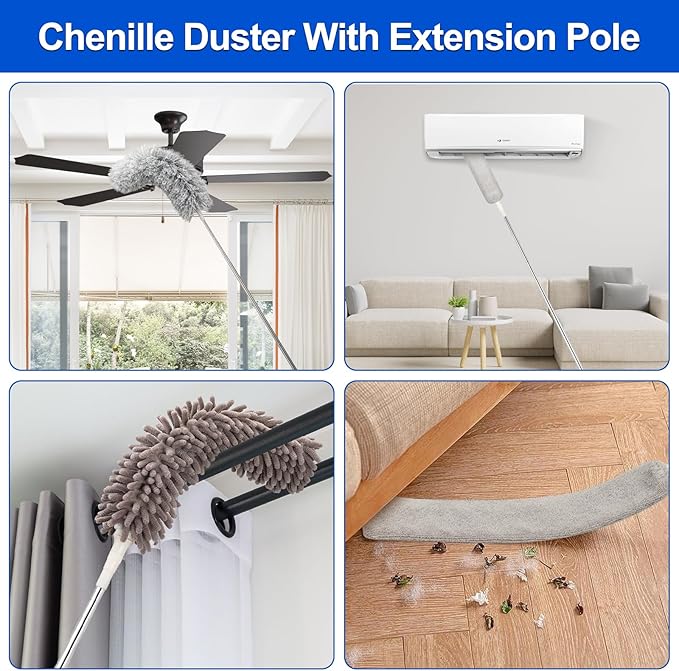 Microfiber Duster with Extension Pole(Stainless Steel) 30 to 100 Inches, Washable Dusters, Reusable Dusters, Bendable Duster for High Ceiling, Cleaning Ceiling Fan, Furniture, Blinds, Cars