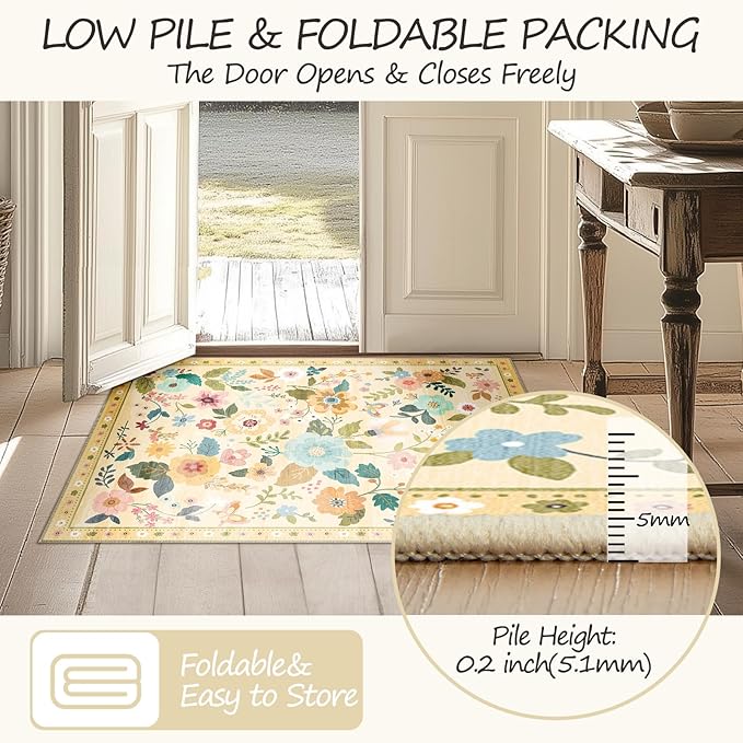Floral 8x10 Area Rug Machine Washable Soft Print Boho Carpet Non Slip Doormat Low Pile Flower Area Rugs for Living Room Bedroom Nursery Kitchen Dining Room Indoor-Ivory/Yellow