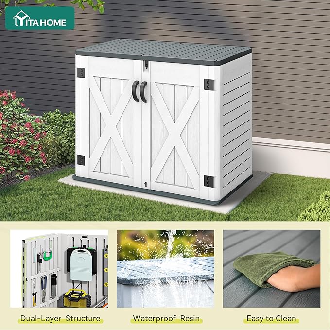YITAHOME Outdoor Resin Storage Sheds with X-Shaped Lockable Door, 39 in Height Lockable Waterproof Horizontal Shed w/o Shelf, Easy to Assemble Shed Storage for Garden Tools, Light Gray