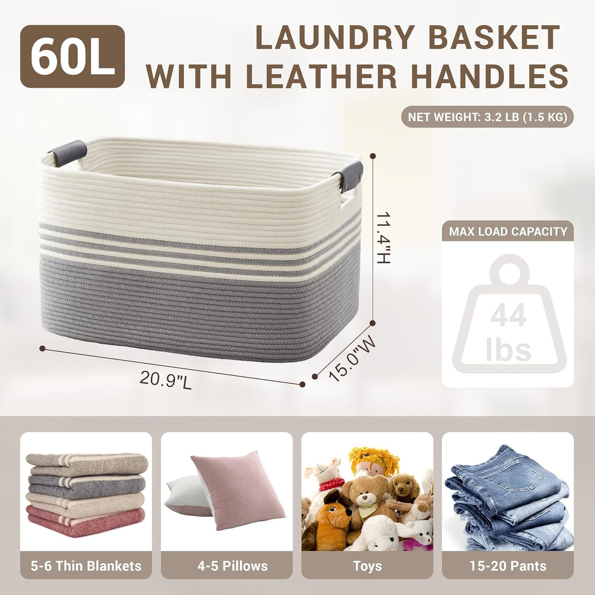 60L Large Laundry Basket with Leather Handles for Living Room Storage, Woven Rope Baskets Bin for Blanket, Kids Toy, Gifts, Wicker Hamper for Bedroom Dirty Clothes, 21"x15"x11" White Grey