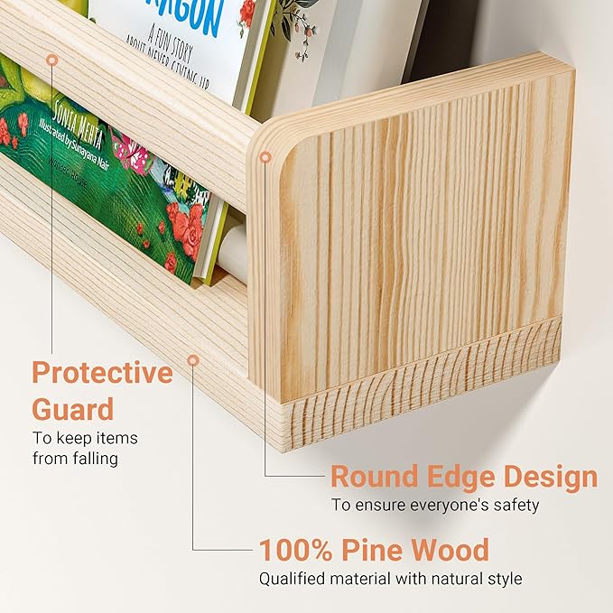 Heimlove Nursery Floating Shelves, Wood Nursery Book Shelves for Wall, 32 inch Wall Bookshelf for Kids Solid Wood Shelves for Books,Toys and Decor Storage, Set of 3