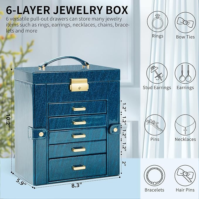 AKOZLIN 6-Tier Jewelry Box Lockable Leather Jewelry Storage Case with 5 Drawers for Women Girls Ring Necklace Earring Bracelet Holder Organizer with Mirror Blue