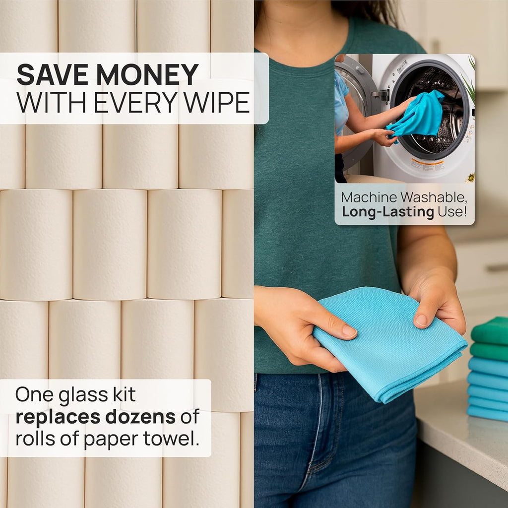 Claro 2 Step Glass Cleaning Cloth 8-Pack – Green Wet & Blue Dry Microfiber Towels Cleaning for Windows, Mirrors & Glass - Streak and Lint Free Cloth for Home, TV, Shower - Machine Washable