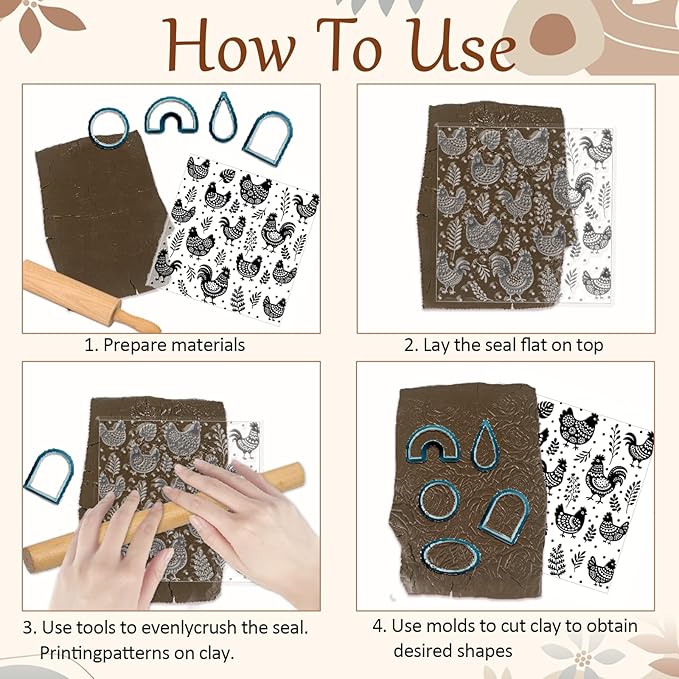 CHGCRAFT Artistic Chicken Silhouette Polymer Clay Texture Sheet Plant Leaves Bohemian Silicone Texture Mat for Polymer Clay Making Earrings Jewelry DIY Crafts 5.5 × 5.5 Inch