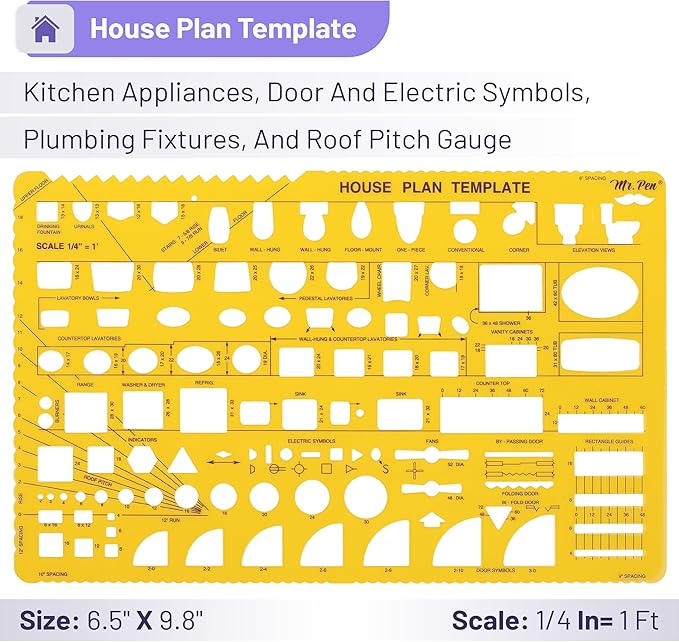Mr. Pen- House Plan, Interior Design and Furniture Templates, Drafting Tools and Ruler Shapes for Architecture - Set of 3