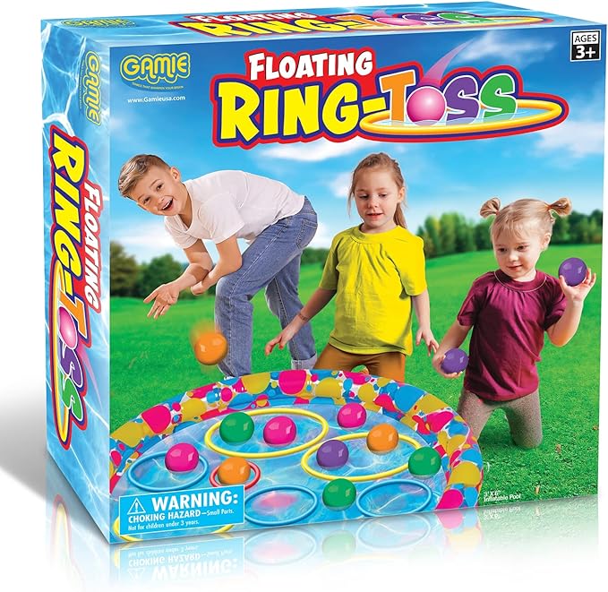 Gamie Floating Ring Toss Game for Kids, Outdoor Carnival Game Set with Inflatable Pool, Floating Rings, and Colored Plastic Balls, Outdoor Games for Family and Backyard Parties