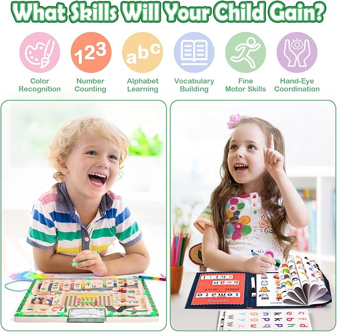 Montessori Magnetic Maze, Alphabet Learning Busy Board for Toddlers 2-4, Wooden Puzzle Educational Toys with Magnetic Letters