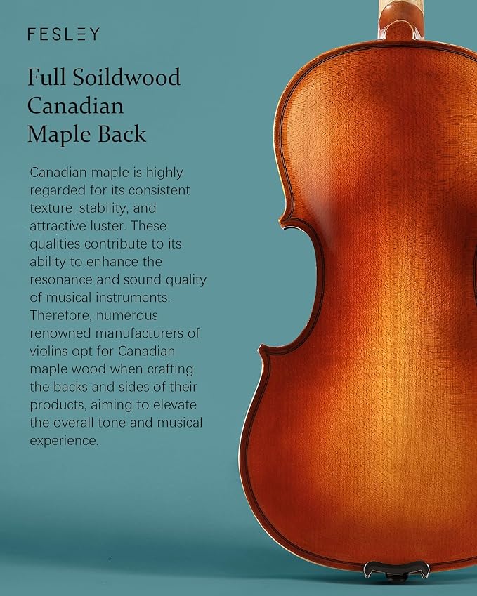 Fesley Violin Fiddle Full Set: 4/4 Polished Violin Kit for Beginners, Acoustic Violin with Hard Case, Solidwood Hand Made Starter Kit with Bow, Rosin, Shoulder Rest, Tuner, Extra Strings