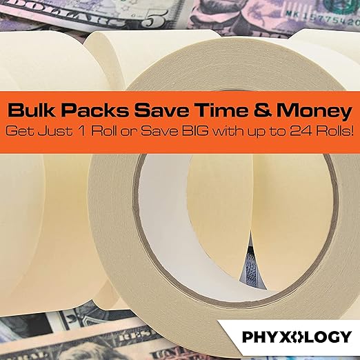 No-Residue 2 Inch, 60 Yard Masking Tape 2 Pk. Easy-Tear, Pro-Grade Removable Painters Tape Great for Home, Office, Commercial Contractor. Clean, Drip-Free Painting with Wide Crepe Paper Rolls