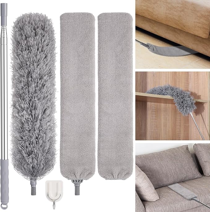Feather Duster Set (4 Pieces), 30-100 inch Microfiber Retractable Gap Duster for Cleaning Ceilings, Furniture Refrigerators and Under Sofas
