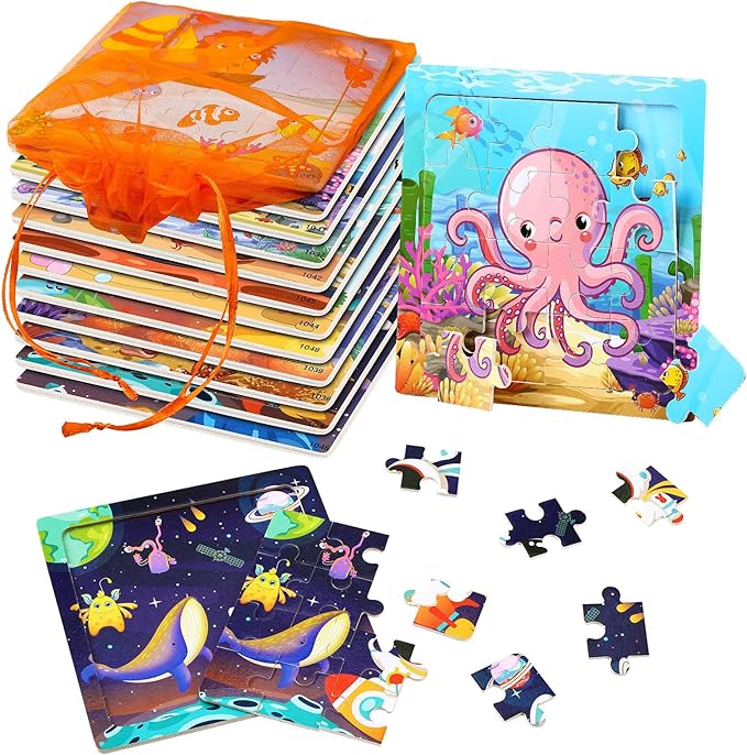 SANNIX 12 Pack Wooden Jigsaw Puzzles with 12 Organize Bags, Ocean and Space Toddlers Puzzles for Kids Ages 3 4 5, Party Favors Educational Learning Travel Toys for Boys Girls